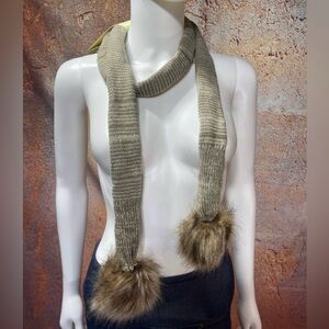 NWT Elegant Beige Knit Scarf with Faux Fur Pom Poms